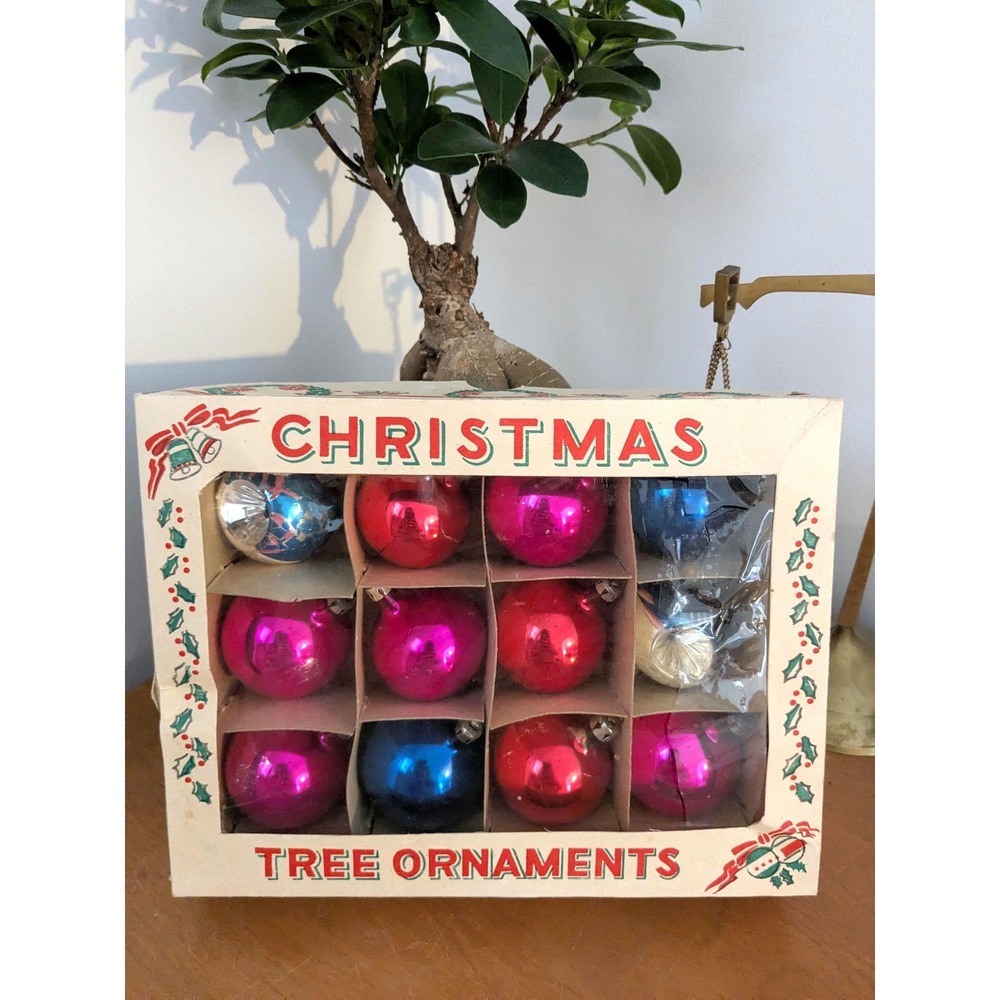 Vintage Christmas Ornaments Box Set | Indent Mercury Glass Baubles Pink Red Blue